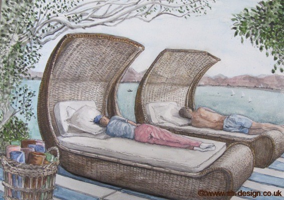 Watercolour by Nicky Haslam of Princess Radziwill and Hamilton South